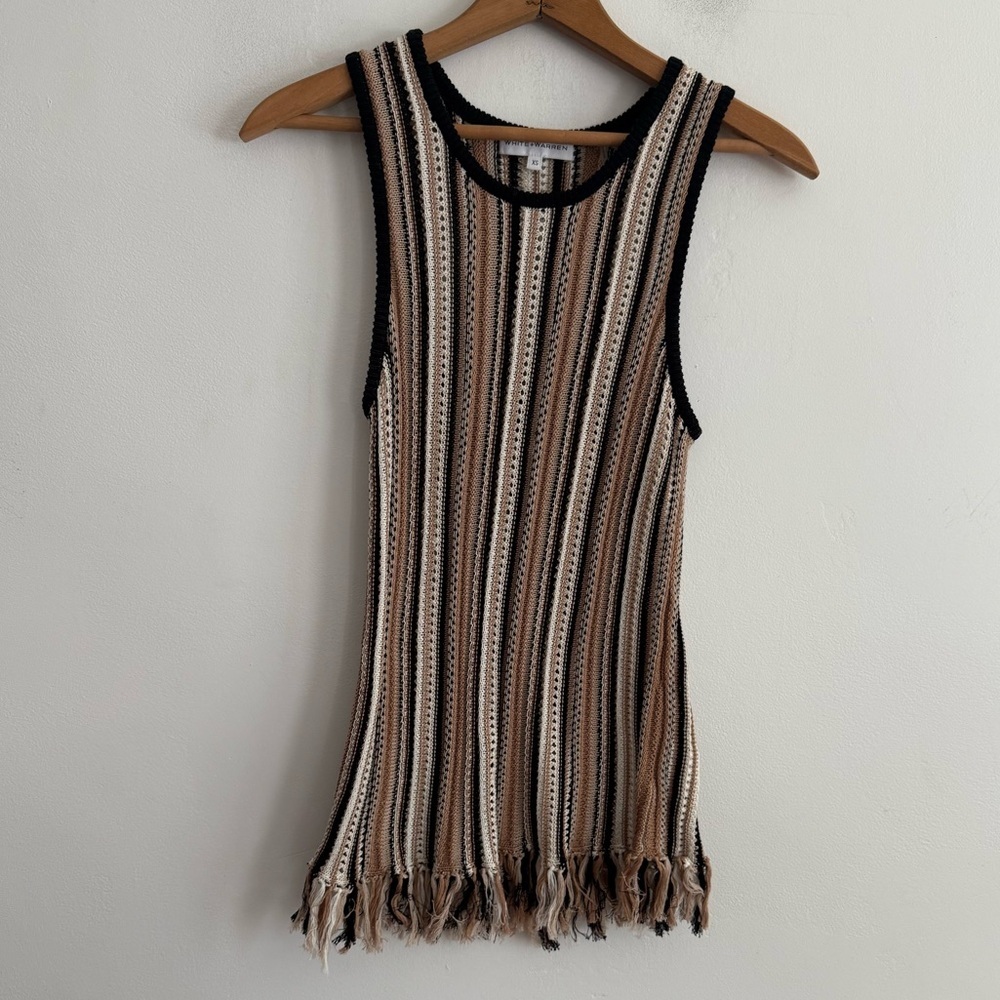 White + Warren Striped Knit Sleeveless Fringe Tank Top XS